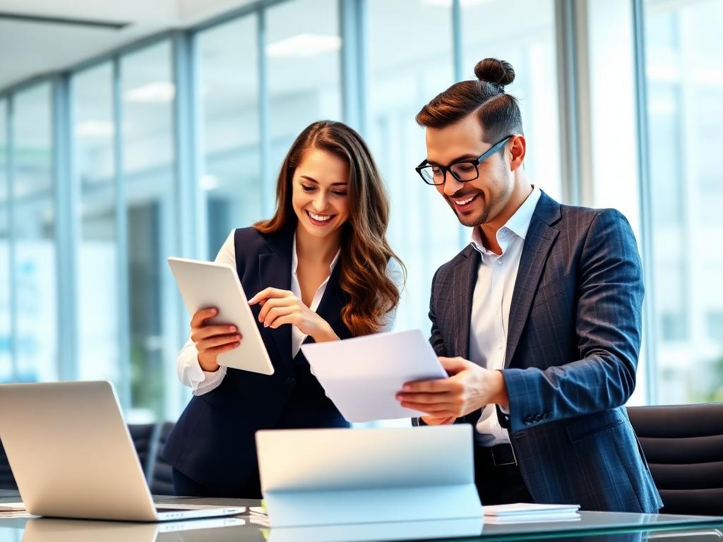 Business professionals consulting on technology